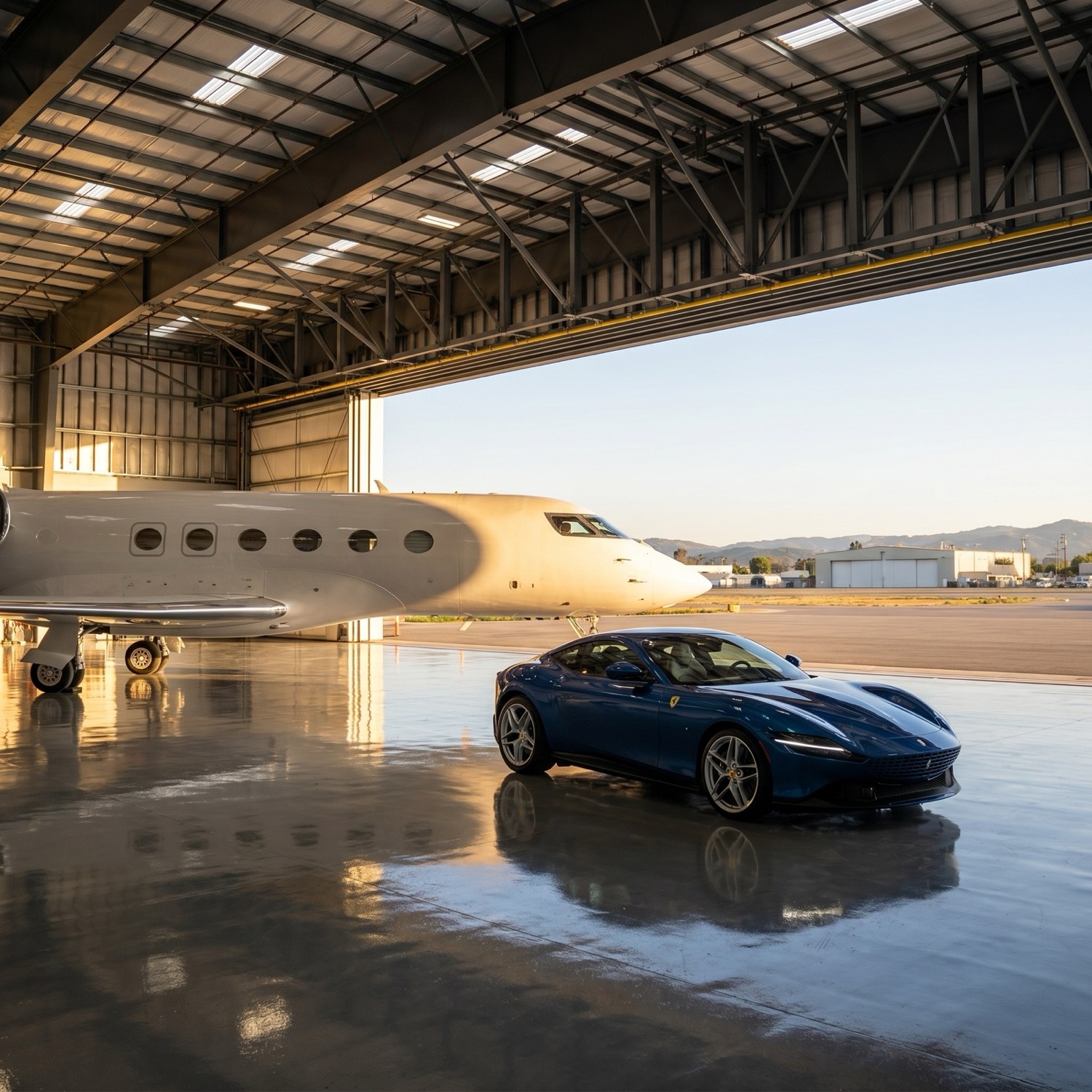 Luxury car staged in the hangar beside a jet