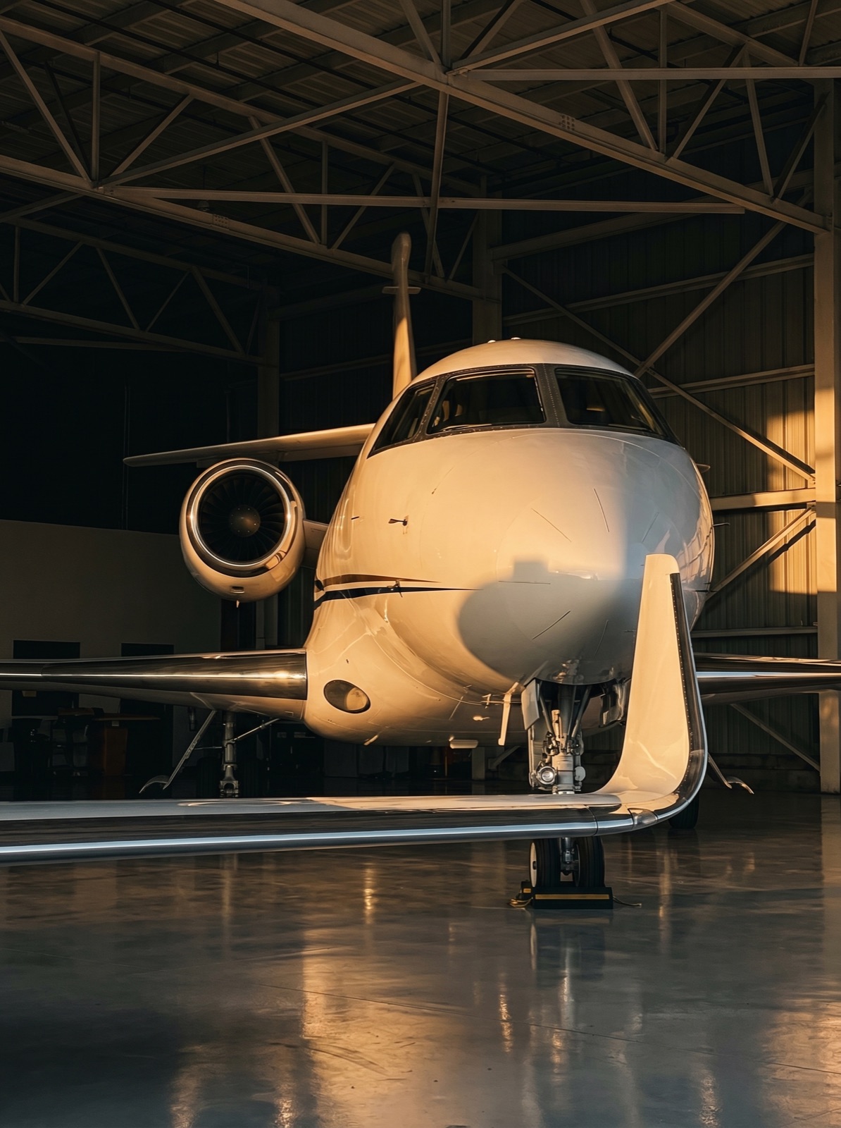 Private jet detail inside the hangar