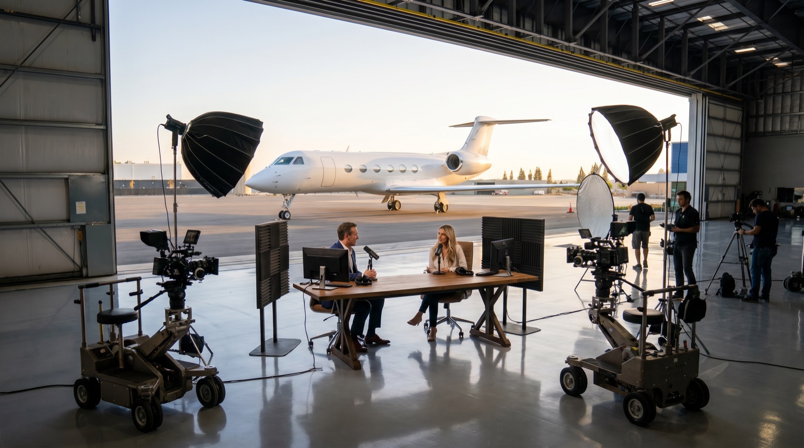 Podcast set staged in the hangar