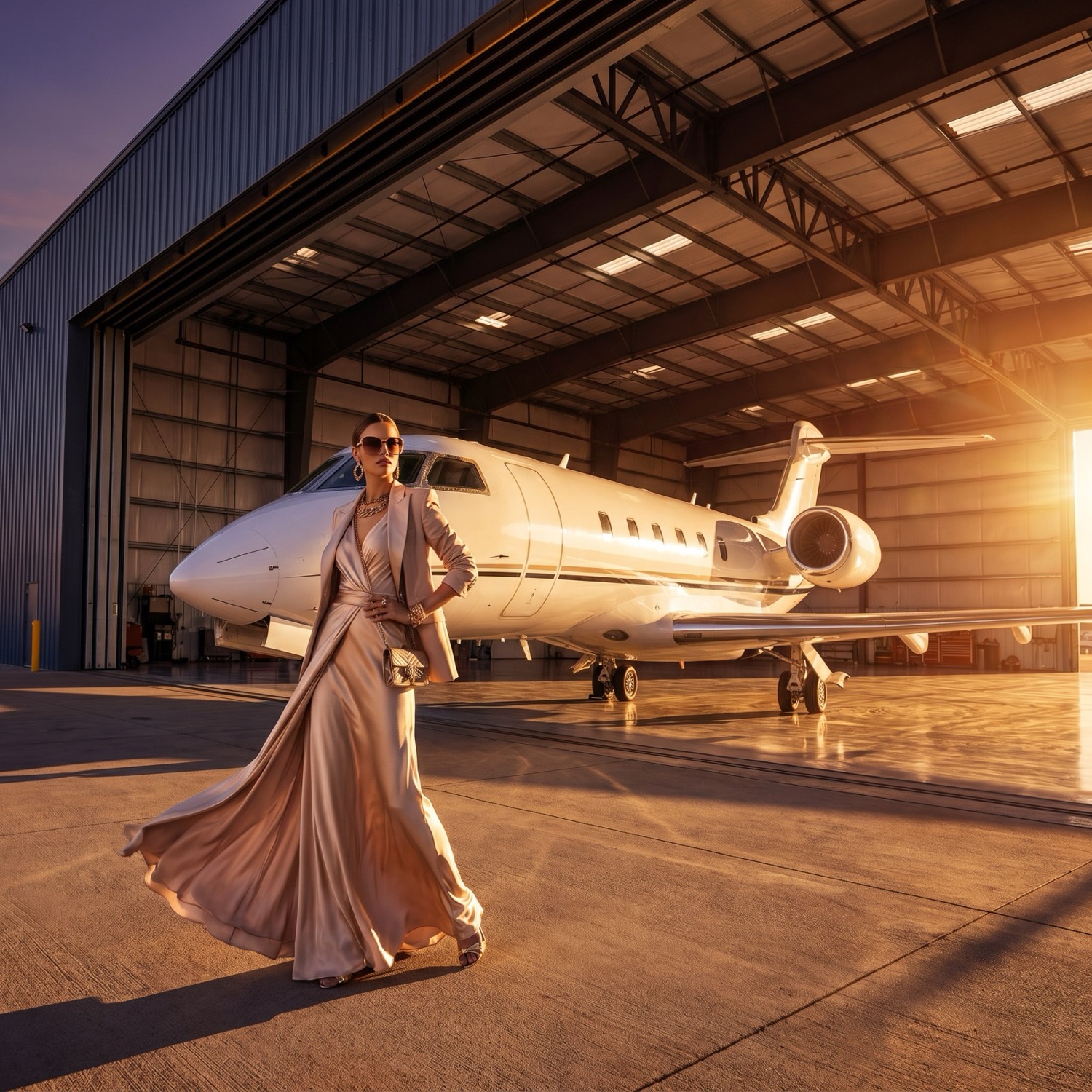 Fashion editorial on the apron beside a jet