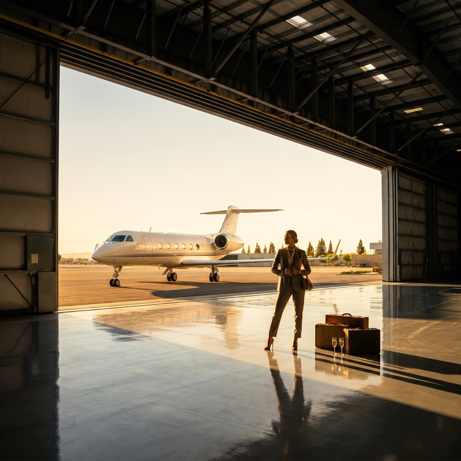 Fashion editorial in the hangar doorway