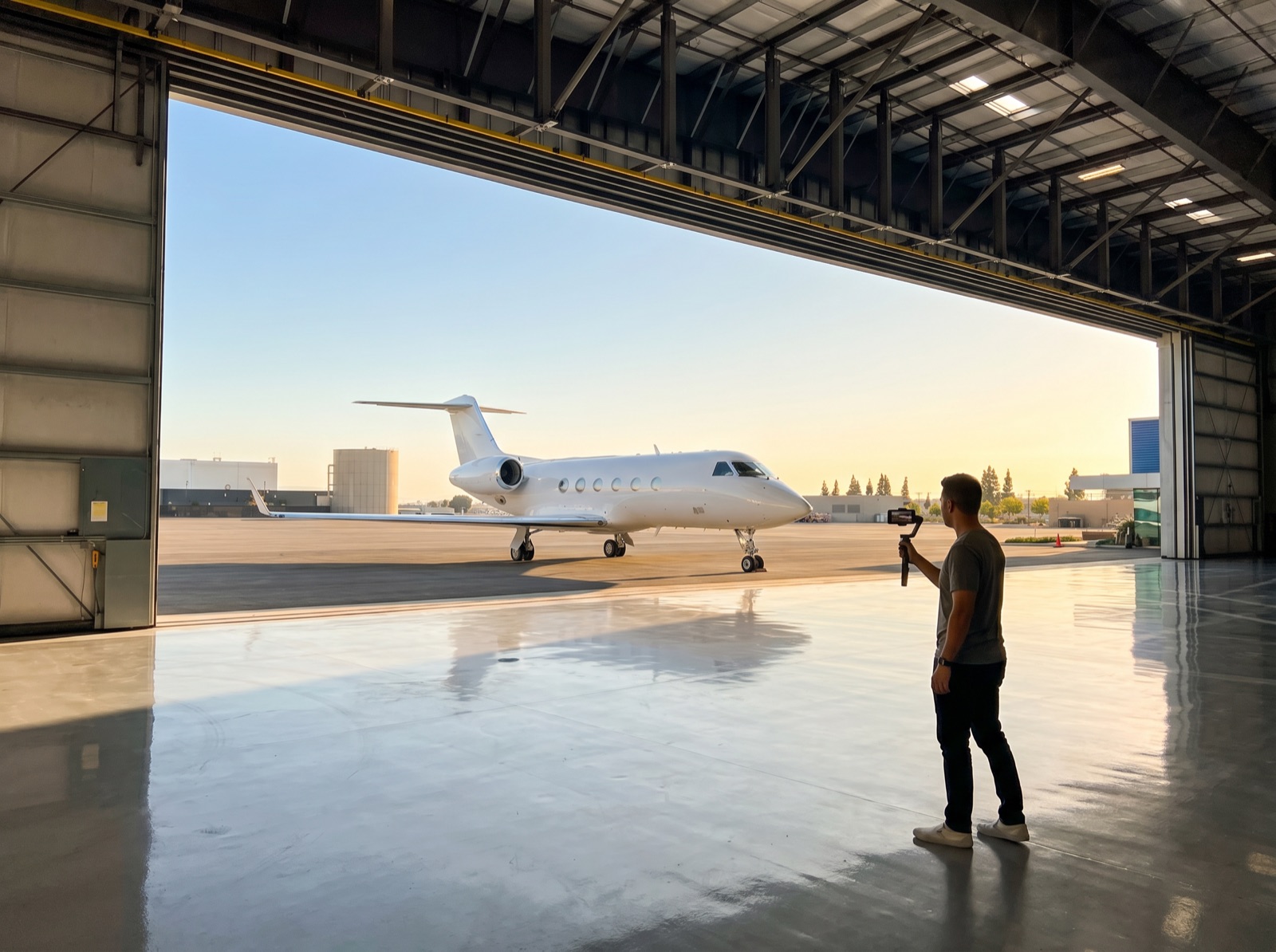 Creator filming social content in the hangar